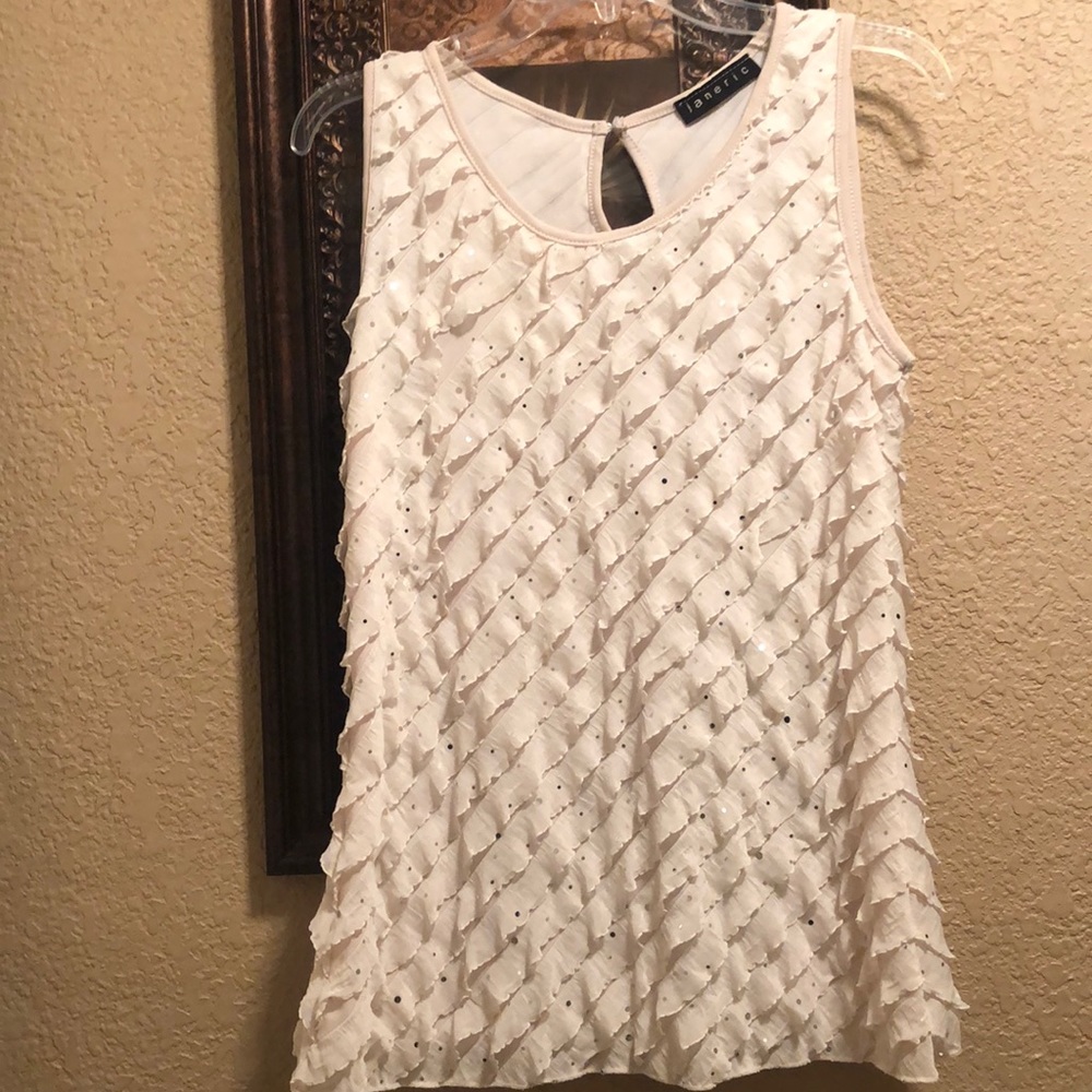 Janeric Frilly Dressy top with hundreds of silver mirror type sequins.  Sparkly